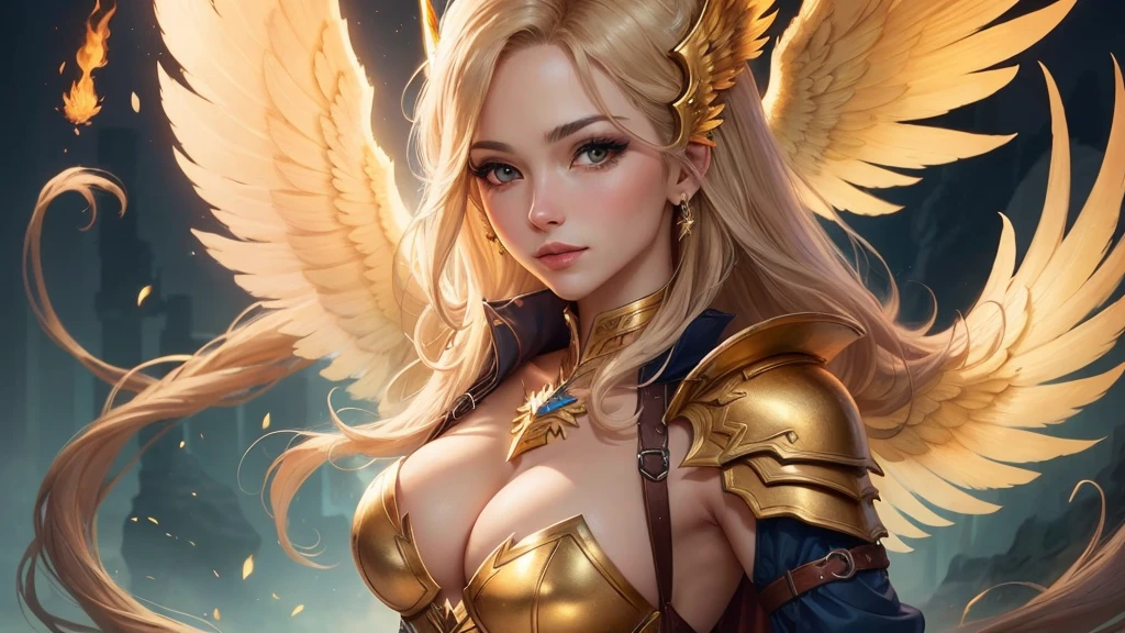 ((best quality)), ((masterpiece)), (detailed), Perfect body,Close-up of a woman wearing a golden costume with wings, Angel golden armor, The majestic angel, angel knight girl, Final Fantasy Tactics Characters, Mysterious Atlantean Valkyrie, as a Mysterious Valkyrie, Seraph, Maple Leaf Story Character Art, With fiery golden wings, Golden Wings, April Rendering, Mysterious Valkyrie, Close-up of a woman wearing a golden costume with wings, Concept art inspired by PwC, pixiv, Baroque, Angel golden armor, The majestic angel, angel knight girl, Final Fantasy Tactics Characters, Mysterious Atlantean Valkyrie, as a Mysterious Valkyrie, Seraph, Maple Leaf Story Character Art, With fiery golden wings, Golden Wings, Battle with the orcs
