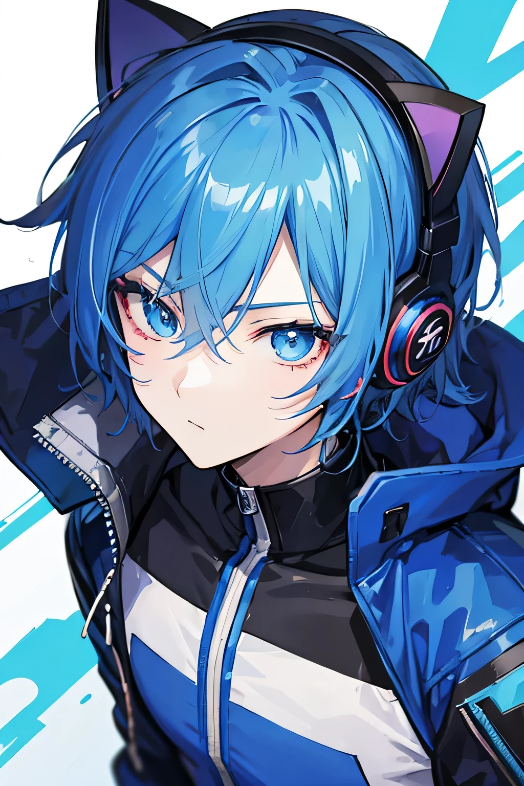 Anime - Style man handsome,equip jacket gamer color blue,style hair short,hair color blue,eyes red,equip headphone blue image cat, cat in head
