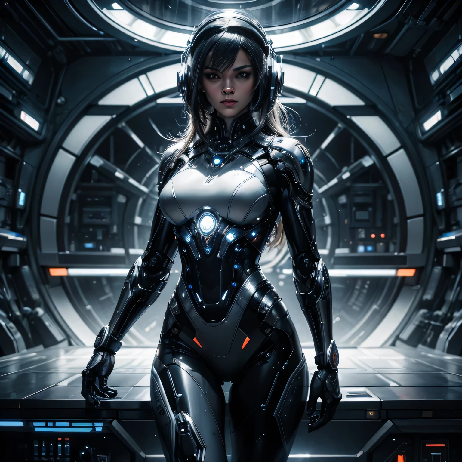 intricate detailed female robot, highly polished chrome parts, wires, buttons, walking through futuristic space station, cinematic lighting, muted color palette, photorealistic, 8k, intricate machinery, shiny metal textures, advanced technology, dynamic pose, dramatic lighting, moody atmosphere, complex gears and circuits, sleek and streamlined design, glossy and reflective surfaces, powerful and imposing presence, avant-garde and innovative, hyper-detailed engineering, striking and visually compelling