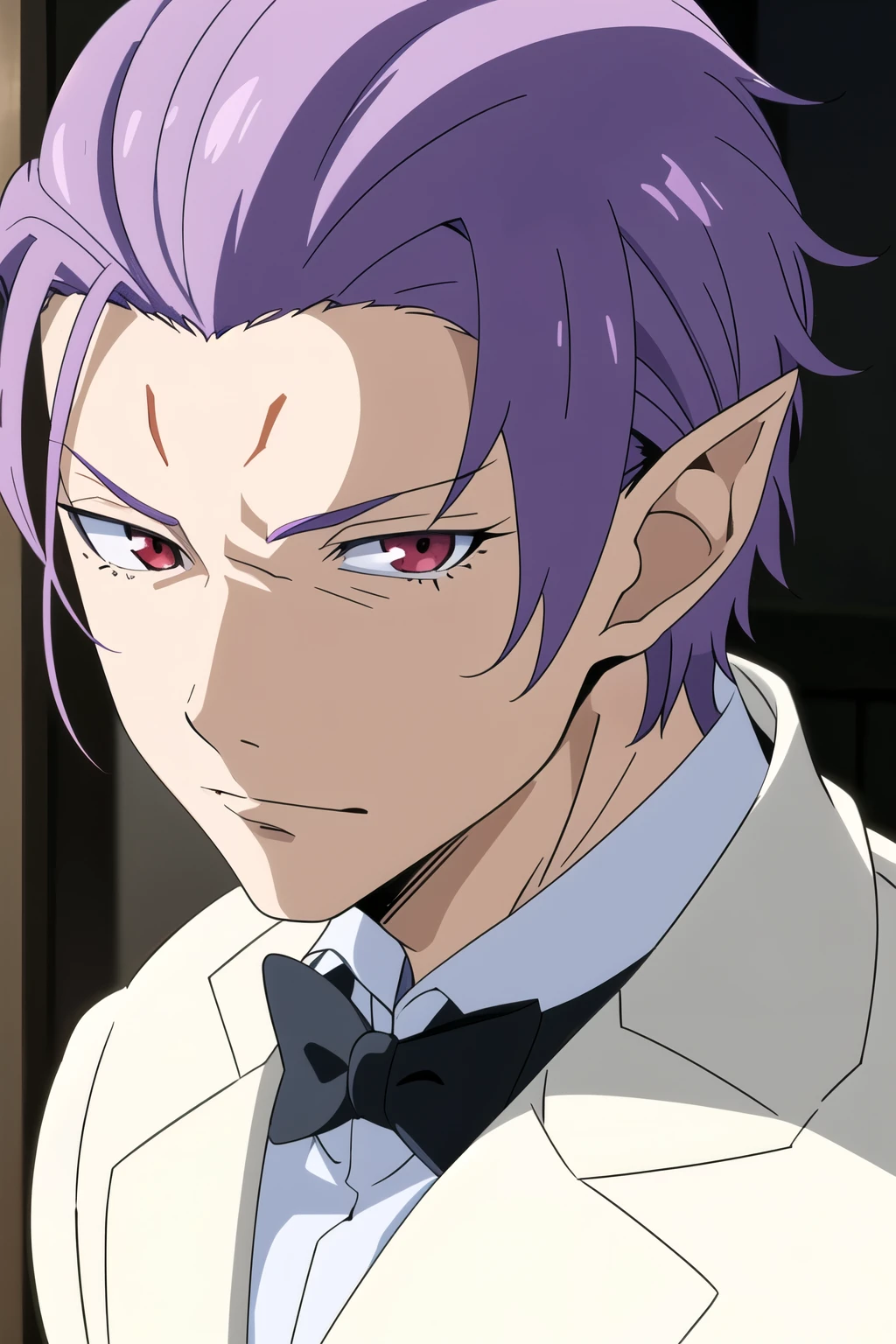 masterpiece, best quality, sketch, 1boy, solo, male focus, looking at viewer, , depth of field, clayman_tensei_shitara, red eyes, purple hair