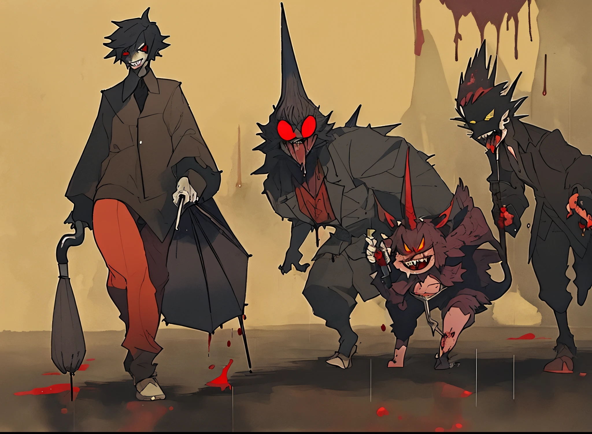 the left character walks with wide strides, holding an umbrella with a shiny spike at the end, dripping blood. the character in the middle has a little yellowish, but neat teeth with slightly pronounced fangs. the character on the right has straight white teeth. 3 characters are coming