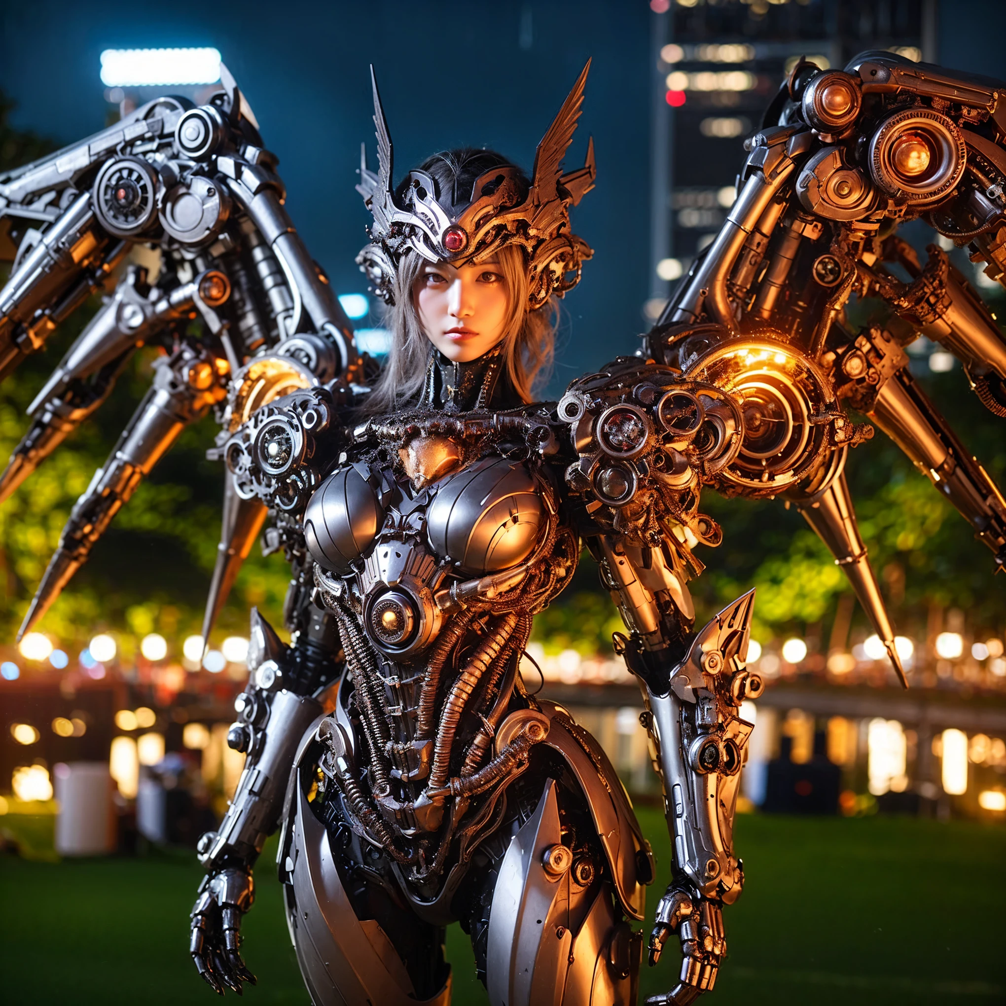 Masterpiece, (ultimate quality:1.2), 8k, Japanese woman in hedgehog-type powered suit, silver base with green and red accents, very beautiful face, mechanical, (mechanical bat wings), hydraulic cylinder, power pipe, ultimately intricate details, full body shot, (ultimate photo Realistic:1.37), Park with a beautiful view at night, (Steampunk: 1.2), (biopunk), Full body photo, Wide-angle shot, Please generate at least 4 photos.