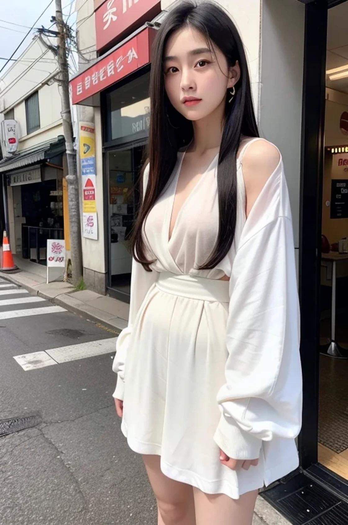 4K Beauty Japanese 20-year-old women Eyes wide open Double Black Hair In town whole body semi-long underwear Calvin Klein On the bed Red cheeks