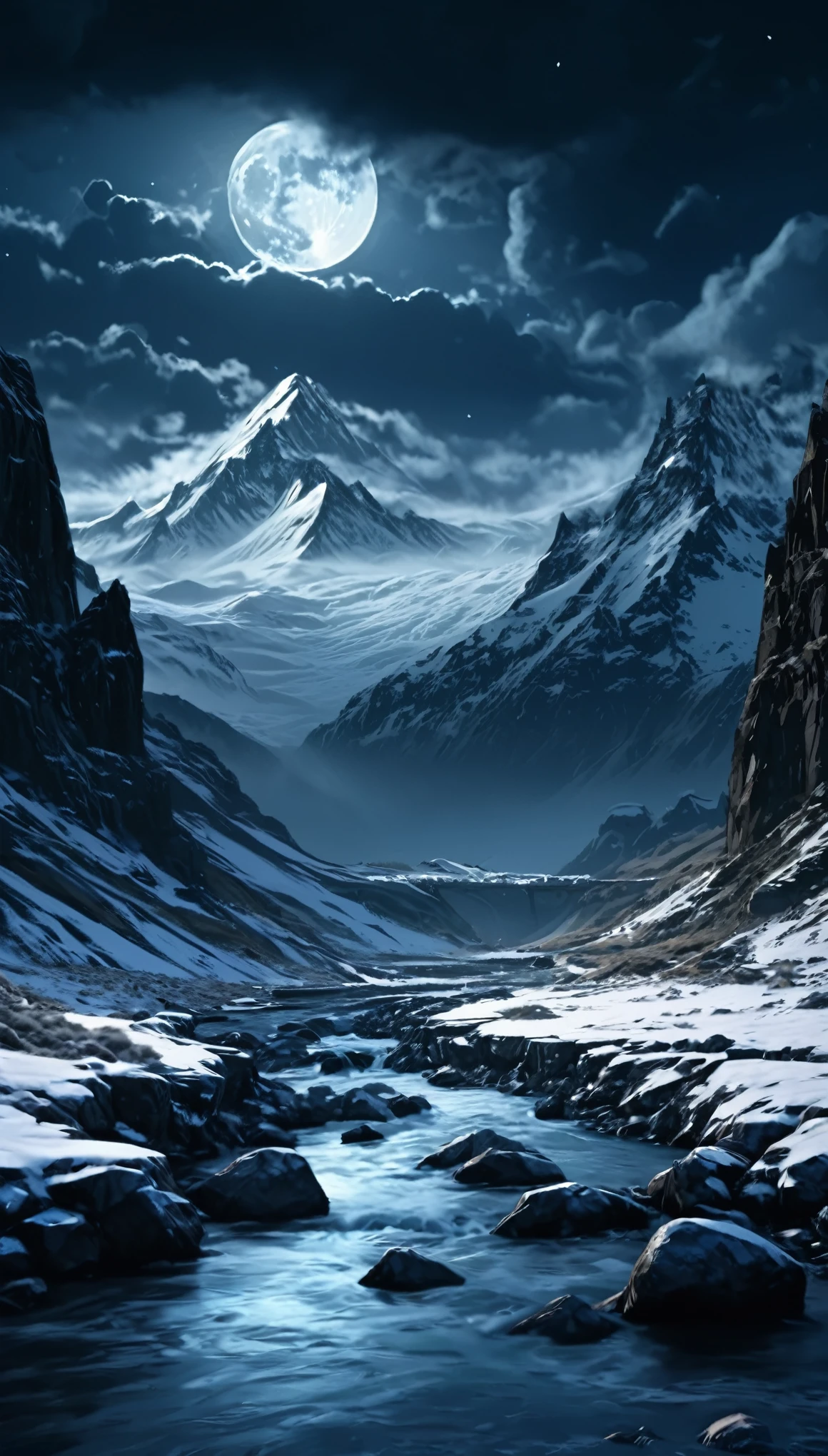 Create a dramatic scene of moonlit mountain peaks beneath a turbulent sky, rendered in highly detailed digital art with 4K and 8K resolutions, using Octane and inspired by the style of The Lord of the Rings. This concept art should be a masterpiece of official illustration, merging realism and fantastical elements to achieve the highest quality.
The landscape features towering, snow-covered mountain peaks, their jagged silhouettes illuminated by the pale, ethereal light of the full moon. Above, the sky is filled with thick, rolling clouds, their dark masses occasionally parted by the moonlight to reveal glimpses of the starlit heavens. The clouds move swiftly, driven by unseen winds, creating a dynamic, ever-changing sky.
In the foreground, a winding, icy river reflects the moonlight and the shifting patterns of the clouds. Ancient stone bridges and ruins dot the landscape, adding a sense of history and mystery. The air is crisp and cold, filled with the faint sounds of wind and distant wildlife.
The composition captures the majesty of the mountain peaks and the turbulent beauty of the cloud-filled sky. The rendering by Octane highlights the textures of the snow, ice, and clouds, creating a scene of stunning realism and fantasy.
Every element, from the moonlit peaks to the ancient ruins, is meticulously crafted to create a vivid and immersive experience. This digital artwork embodies the epic imagination and perfect composition envisioned by artists like J.R.R. Tolkien and John Howe, making it a true masterpiece.