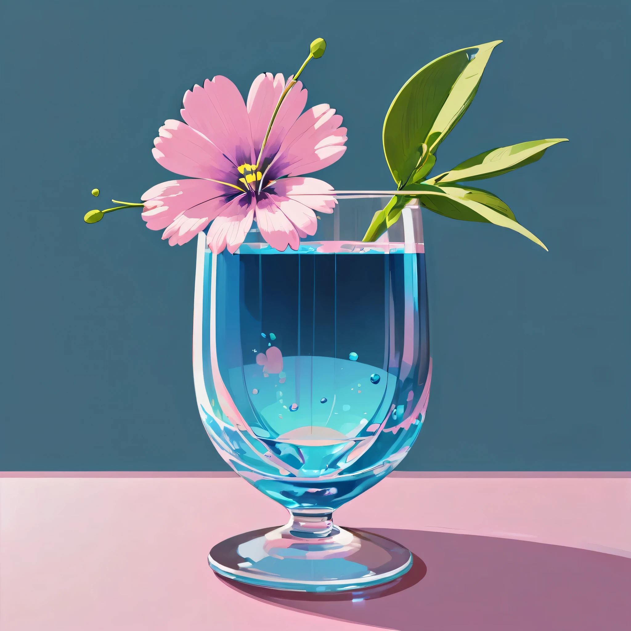 a flower in the cocktail,Low glass , pixel, blue, pink pastel, black, lucky grass