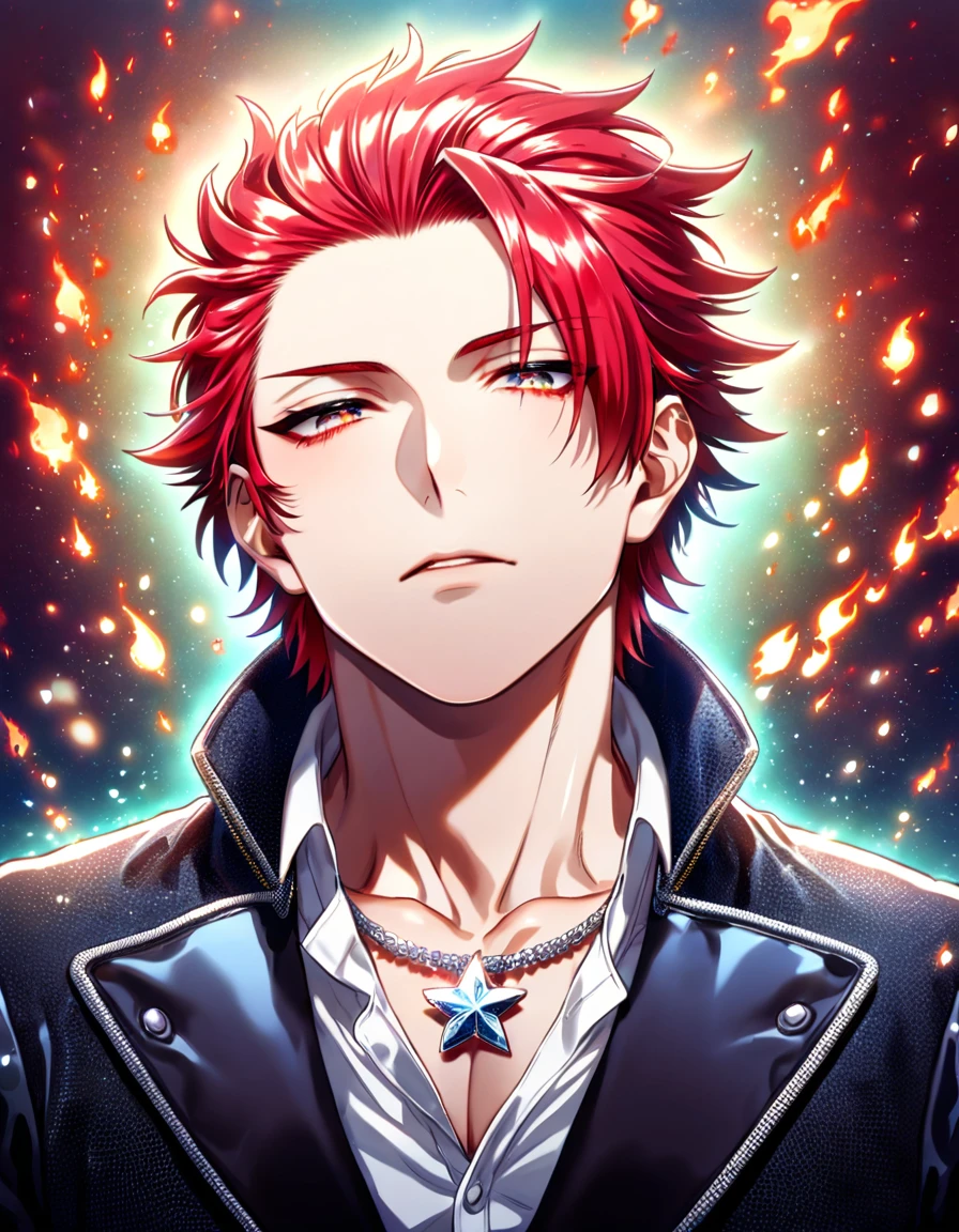 (absurdres, highres, ultra detailed, HDR) master piece, best quality, delicated features, Suoh Mikoto, red hair, hair is kept short, ruffled, slicked back and spiked, with two strands of hair near the opposite sides of his head falling over his face, expressive amber eyes, K Project, solo, sexy man, handsome, toned chest, black leather jacket, a white V-neck shirt underneath, silver star-shaped necklace, magical fantasy, red butterflies, glittering, sparkling, petals, radiant, flames background, red fireflies