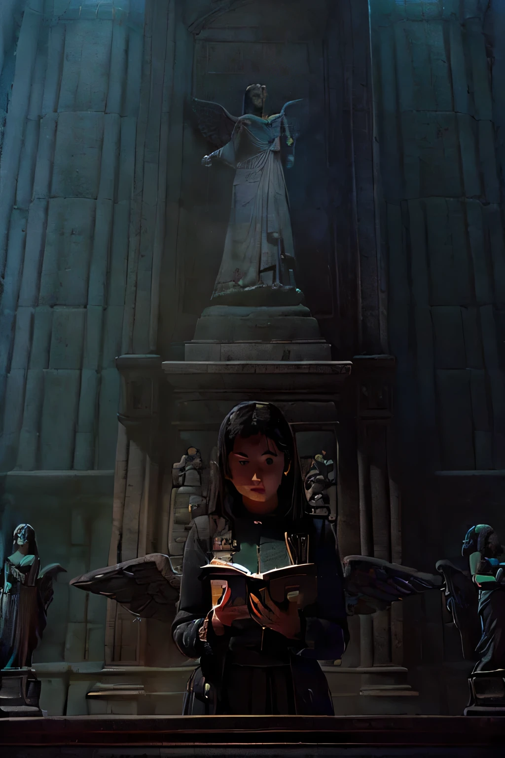 girl in a big and old and large library reading a book surrounded by stone angels from doctor who, horror, dark, gloomy, big library, hogwarts library, doctor who, wide scene, shadow, girl with long dark hair, stone angel statues from doctor who behind girl, dark room