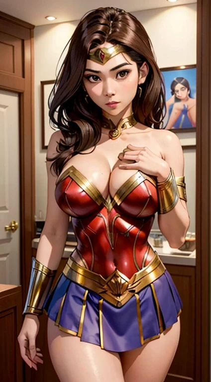 Thai women in their 20s, Lisa Manoban (Lisa Manoban) Playing Wonder Woman, gold details, (Perfect face shape), defined chin, beautiful brown eyes, beautiful lips, (Brown hair), (Perfect anatomical structure), (athletic body), (Sexy), (Thick thighs), (Perfect hands), Short skirt, bracelet, Looking at the audience, (Full medium shot), Realist (((Large Breasts、Breast sagging、Low-cut,Cleavage ,Wide hips,)))((Long legs)),Hourglass figure))