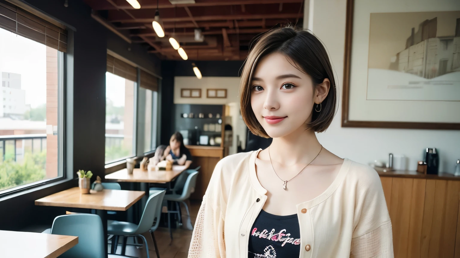 super high quality, Short Hair, Slender, The staff is working at the counter in the back., (8k、RAW Photos、highest quality、masterpiece:1.2), Stylish café, Fashion magazine photoshoot, The cafe is crowded with people enjoying themselves., (Realistic、Photorealistic:1.37), Bob Hair, Mesh Hair, Urban Cafe, Golden Ratio, Raw photo, musician, Light Brown Hair, Earrings, Small breasts, Bright cafe interior, Spring Clothes, Beauty, necklace, Cafe Terrace, Open Cafe, Jacket, A kind smile, Hair blowing in the wind, Neat clothes, T-Shirts, 18-year-old, Stylish clothes, 
