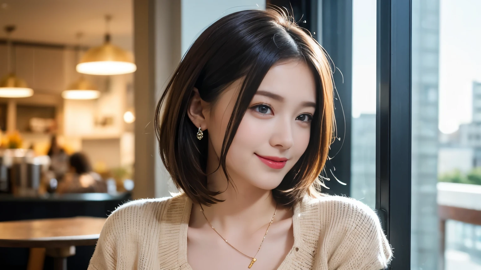 super high quality, Short Hair, Slender, The staff is working at the counter in the back., (8k、RAW Photos、highest quality、masterpiece:1.2), Stylish café, Fashion magazine photoshoot, The cafe is crowded with people enjoying themselves., (Realistic、Photorealistic:1.37), Bob Hair, Mesh Hair, Urban Cafe, Golden Ratio, Raw photo, musician, Light Brown Hair, Earrings, Small breasts, Bright cafe interior, Spring Clothes, Beauty, necklace, Cafe Terrace, Open Cafe, Jacket, A kind smile, Hair blowing in the wind, Neat clothes, T-Shirts, 18-year-old, Stylish clothes,