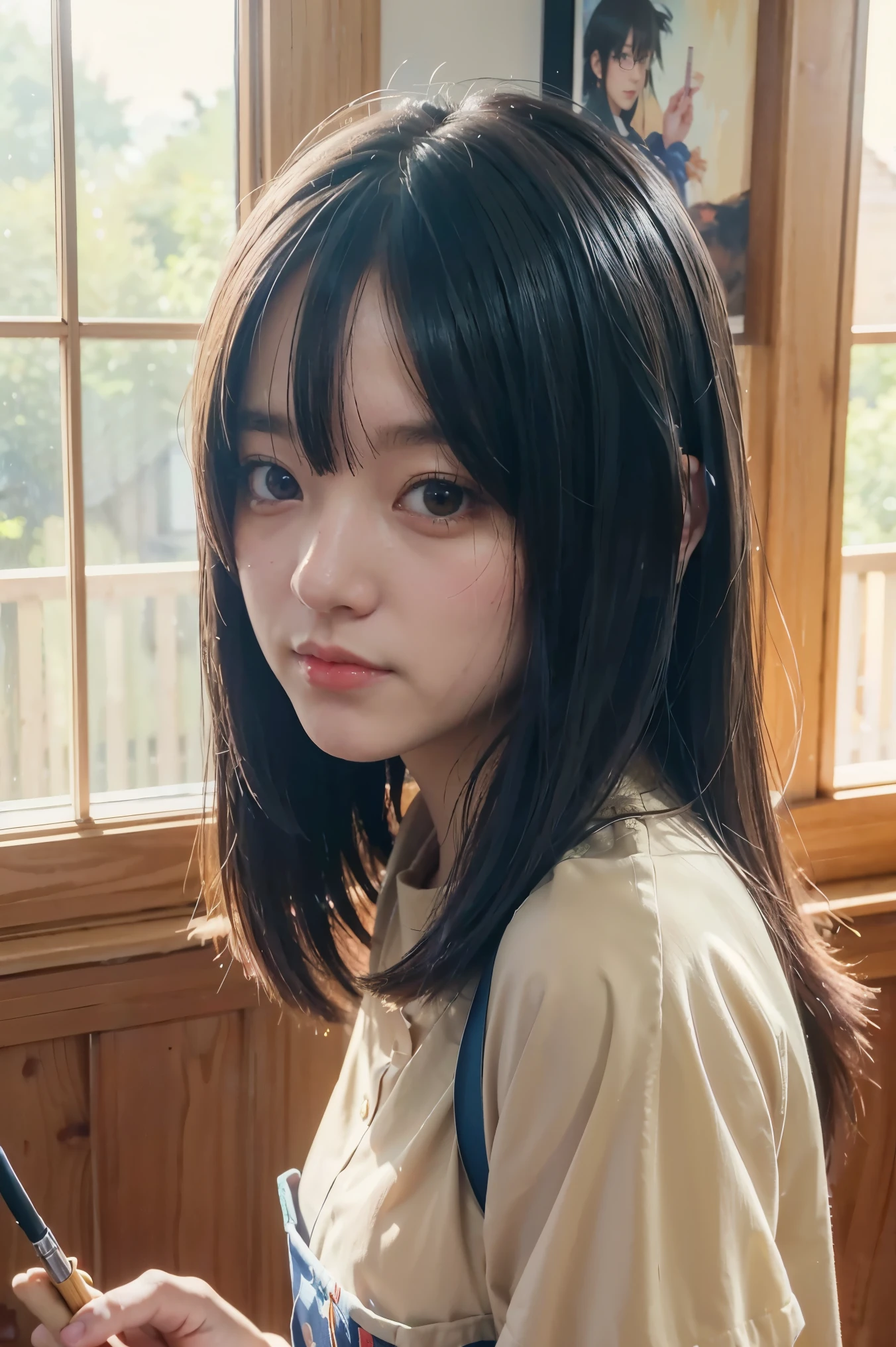 anime girl with a brush and a painting board in front of a window, painted in anime painter studio, realistic cute girl painting, beautiful anime portrait, anime. soft lighting, detailed painting 4 k, anime realism style, realistic anime artstyle, artwork in the style of guweiz, realistic anime art style, made with anime painter studio, portrait anime girl