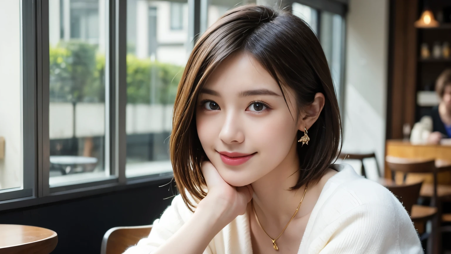 super high quality, Short Hair, Slender, The staff is working at the counter in the back., (8k、RAW Photos、highest quality、masterpiece:1.2), Stylish café, Fashion magazine photoshoot, The cafe is crowded with people enjoying themselves., (Realistic、Photorealistic:1.37), Bob Hair, Mesh Hair, Urban Cafe, Golden Ratio, Raw photo, musician, Light Brown Hair, Earrings, Small breasts, Bright cafe interior, Spring Clothes, Beauty, necklace, Cafe Terrace, Open Cafe, Jacket, A kind smile, Hair blowing in the wind, Neat clothes, T-Shirts, 18-year-old, Stylish clothes,
