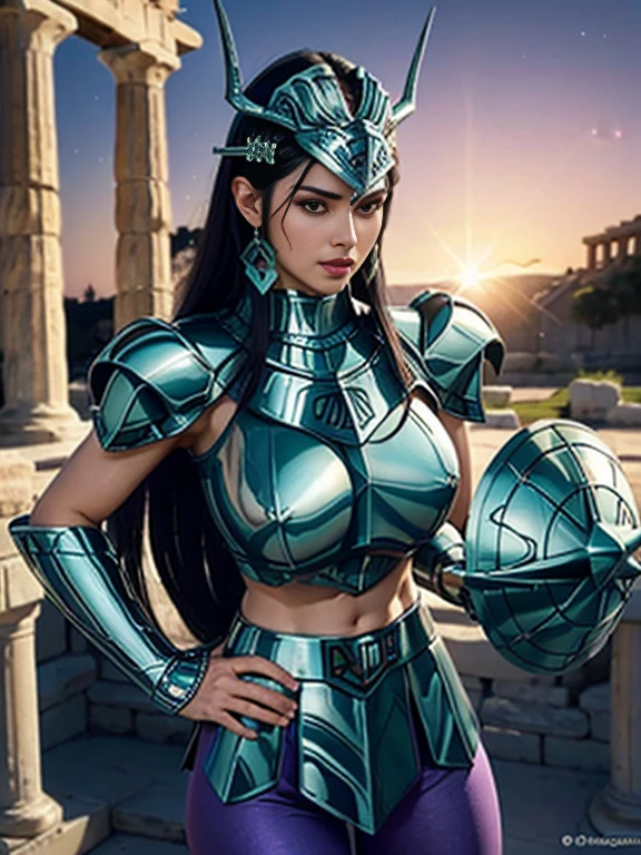 masterpiece, best quality, ultra high res, realistic skin texture, armature, (photorealistic:1.4), high resolution, raw photo, shiny skin, realistic skin texture, best lighting, sparkle, dramatic lighting, dynamic pose, (greek temple background:1.3), night sky, cosmos, milky way, 1girl, (medium breast:1.1), balanced eyes, Dragon Shiryu wearing green silver armor, purple pants, purple short sleeve shirt, wearing dragon helmet, roman skirt plate, (breast plate:1.5), very long hair, holding a shield, cleavage,