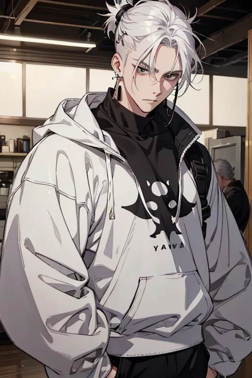 Anime man gradient young white hair low on shaved sides turns hair to the left side in the middle serious face with black earrings sweatshirt dark circles big black hair big brown hair extremely
