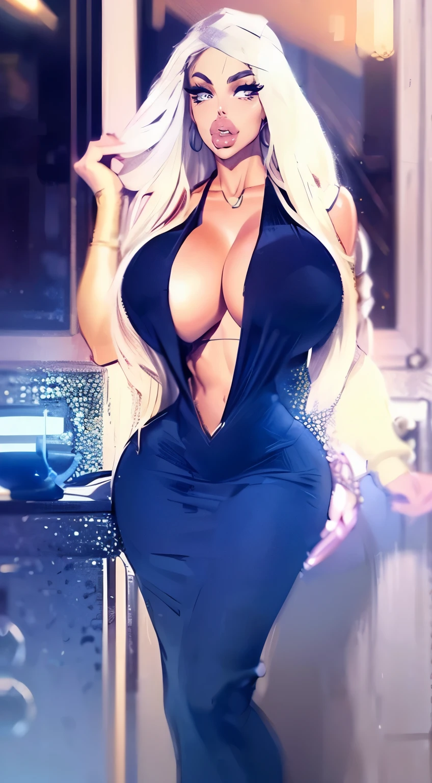 masterpiece, (best quality), (photorealistic:1.2), ultrarealistic uhd faces, professional photography, full body photograph of a young blonde Paige British 1girl, blonde very long straight hair, hair strands ,beautiful face, (raised eyebrows:1.3),long sleeved black mermaid dress), necklace,
big lips, (enormous lips:1.2), bimbo lips, eyelashes, eyeliner, makeup, th3_p1t, cheekbones, dimples, pout,big breasts,(huge breasts:1.2),
specular lighting, iso noise, RAW photo, 8k uhd, film grain, harsh lighting, 35mm, hires, shot on Hasselblad X1D II, ND filter, golden hour, country