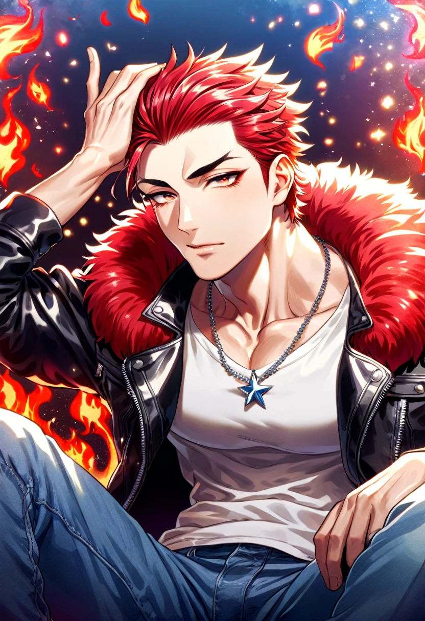 (absurdres, highres, ultra detailed, HDR) master piece, best quality, delicated features, Suoh Mikoto, red hair, hair is kept short, ruffled, slicked back and spiked, with two strands of hair near the opposite sides of his head falling over his face, expressive amber eyes, K, solo, sexy man, handsome, toned, black leather jacket with a fur collar, a white V-neck shirt underneath, silver star-shaped necklace, sitting, blue jeans, magical fantasy, red butterflies, glittering, sparkling, petals, radiant, flames background, red fireflies