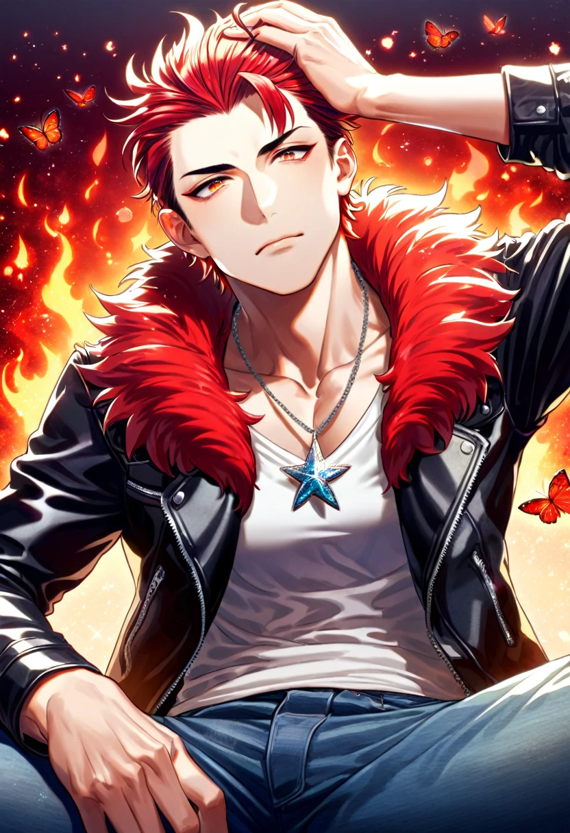 (absurdres, highres, ultra detailed, HDR) master piece, best quality, delicated features, Suoh Mikoto, red hair, hair is kept short, ruffled, slicked back and spiked, with two strands of hair near the opposite sides of his head falling over his face, expressive amber eyes, K, solo, sexy man, handsome, toned, black leather jacket with a fur collar, a white V-neck shirt underneath, silver star-shaped necklace, sitting, blue jeans, magical fantasy, red butterflies, glittering, sparkling, petals, radiant, flames background, red fireflies