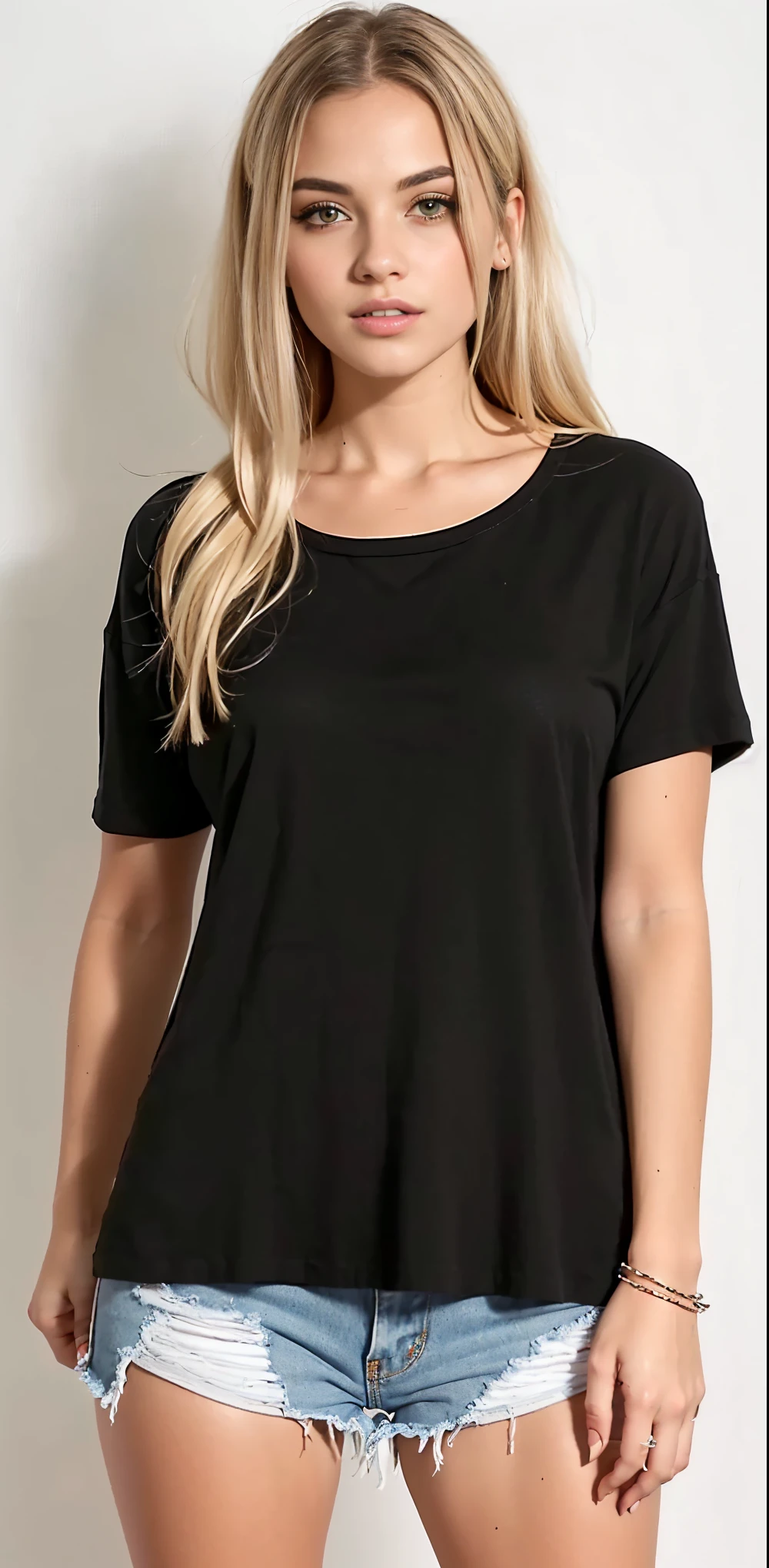 a woman in a camisa preta and denim shorts posing for a picture, wearing a camiseta preta, camiseta preta, vestindo camiseta preta, Vestindo um preto tshirt, camisa preta, blusa preta, camiseta preta, black camiseta, wearing a camisa preta, black tunic, Vestindo um preto!! camiseta, camisa preta, roupa preta, decote