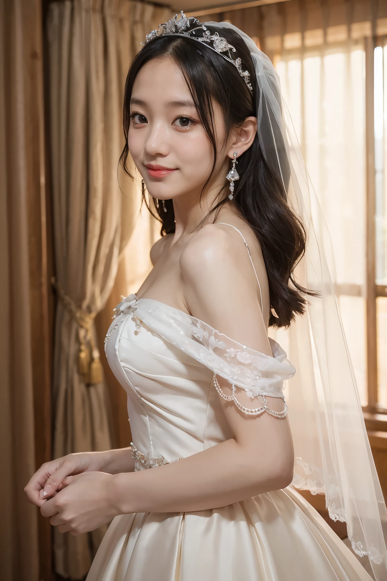 (Masterpiece), best quality, highest quality, highly detailed CG unity 8k wallpaper, original, high resolution, (depth of field: 1.5), fidelity: 1.3, breasts, bride portrait style, 1 girl, curtains, veil , bridal veil, wedding dress, curtains, jewelry, solo, earrings, teeth, bride, black_hair