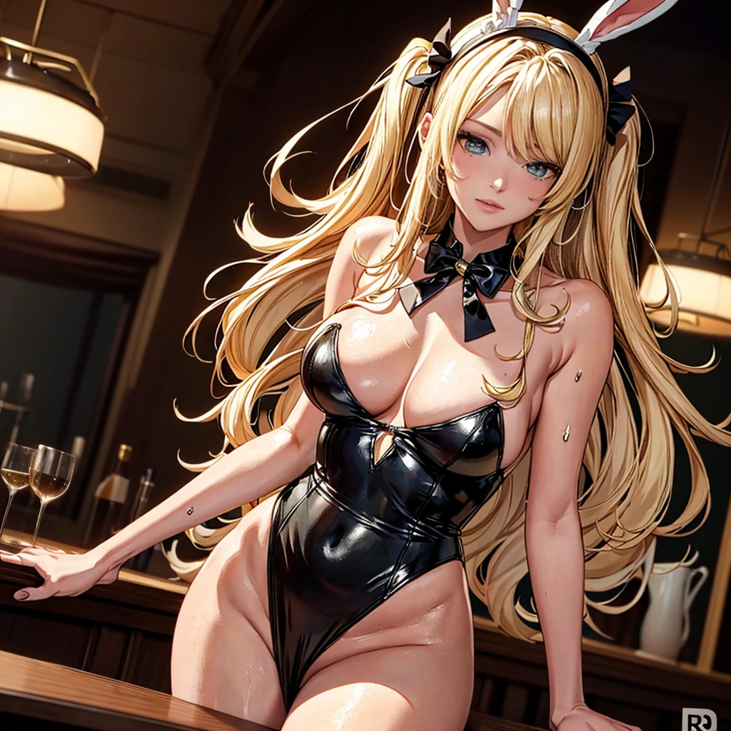 nsfw, Photorealistic High-Definition RAW Color Image: A Junior High School Student with Blond Hair and Large Breasts
In the heart of a dimly lit nightclub, a beautiful, glamorous girl with golden-blond hair, seductively poses on a bar counter. She wears a daring, glossy black mini-dress with a white round tail decoration and a black bunny ear headband, showcasing her large breasts. Her long, flowing hair cascades down her slim, sweaty body as she lifts one leg up, sprawling her legs apart, exposing her slightly showcased nipple. Her face, contorted