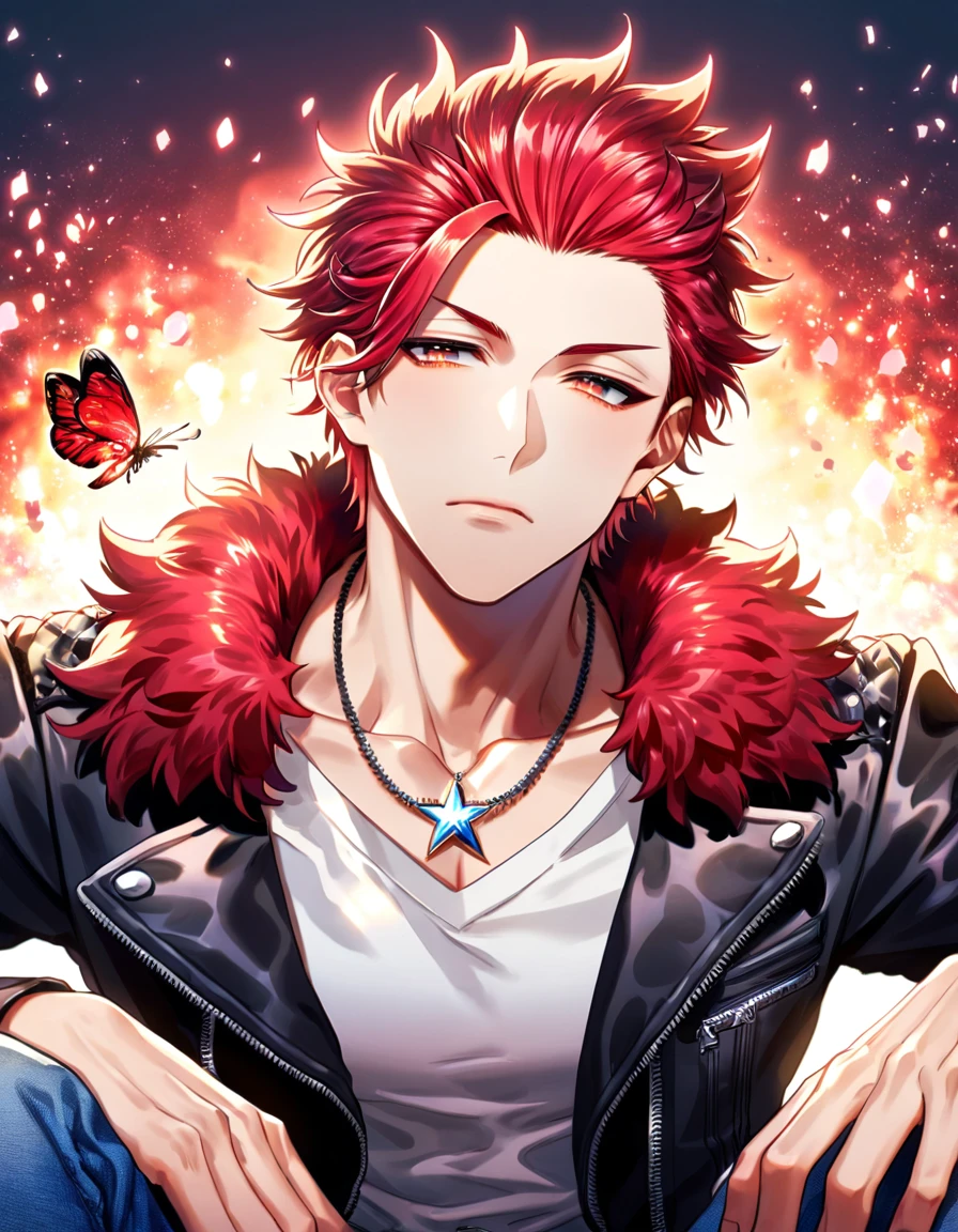 (absurdres, highres, ultra detailed, HDR) master piece, best quality, delicated features, Suoh Mikoto, red hair, hair is kept short, ruffled, slicked back and spiked, with two strands of hair near the opposite sides of his head falling over his face, expressive amber eyes, K Project, solo, sexy man, handsome, toned, black leather jacket with a fur collar, a white V-neck shirt underneath, silver star-shaped necklace, sitting, blue jeans, magical fantasy, red butterflies, glittering, sparkling, petals, radiant, flames background, red fireflies