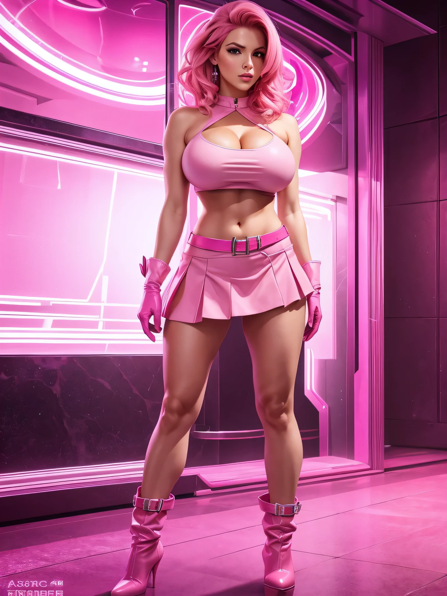 Full body, realistic, 8k, best quality, masterpiece, (1 beautiful woman, solo: 1.1), very big breasts, pink hair, pink crop top, pink skirt, pink gloves, pink high heel boots, naked shoulders