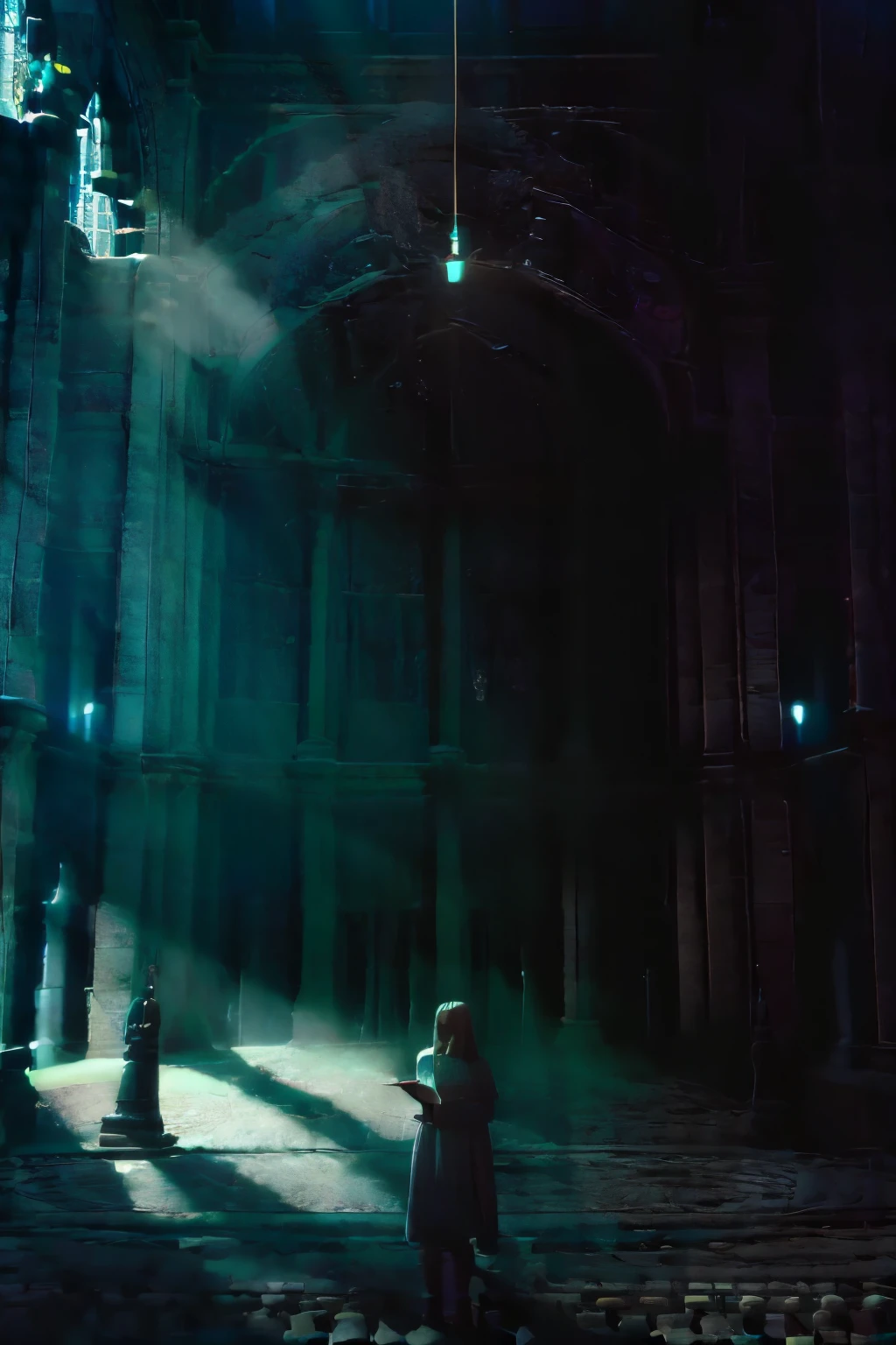 girl in a big and old and large library reading a book surrounded by stone angels from doctor who, horror, dark, gloomy, big library, hogwarts library, doctor who, wide scene, shadow, girl with long dark hair, stone angel statues from doctor who behind girl, dark room, stone angel statues in the back