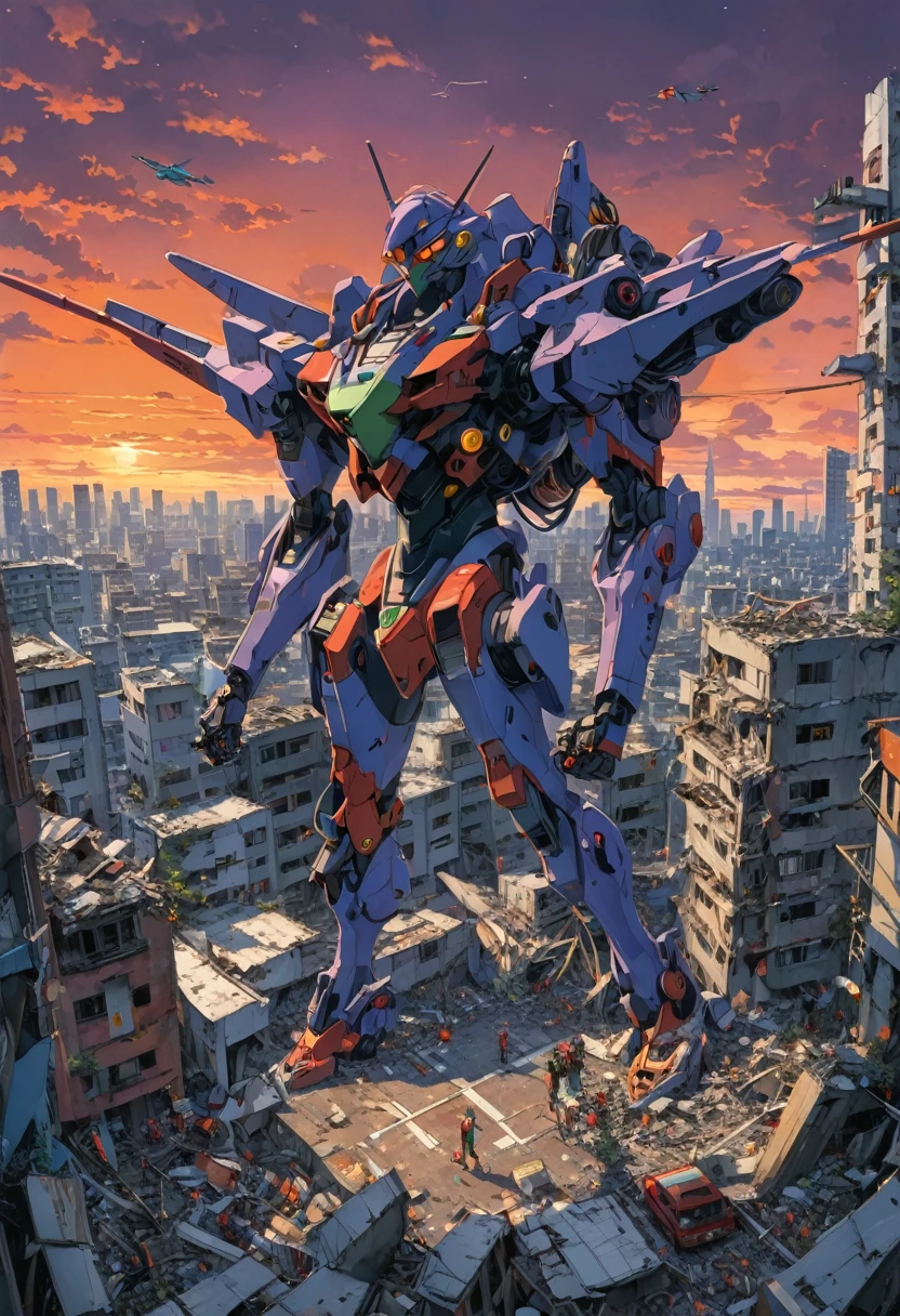 90s Cartoon art style, Evangelion, In the twilight of the Third New Tokyo City, the first aircraft stands amidst the ruins of the city, preparing to face the next apostolic invasion, surrounded by emergency evacuees and flashing warning lights, best quality, masterpiece, very aesthetic, perfect composition, intricate details, ultra-detailed