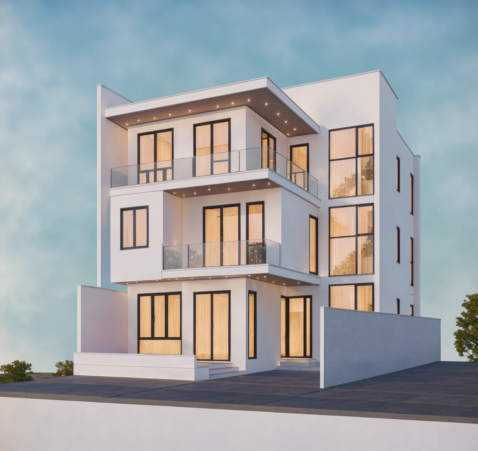 PLATFORM KTHOUSE, 1 morden WHITE house,1large yard, 1 road runs in front of the house, (RAW photo, real, best quality, masterpiece:1.2), look morden minimalist, 1 road in front of the house, dynamic lighting:1.3, (hyper realistic, photo-realistic:1.2), high quality, (dark lighting:1.2), perfect lighting, archdaily, no human, light at 12 noon, warm light in door:1.4, blue sky:1.3, shimering lighting:1.2