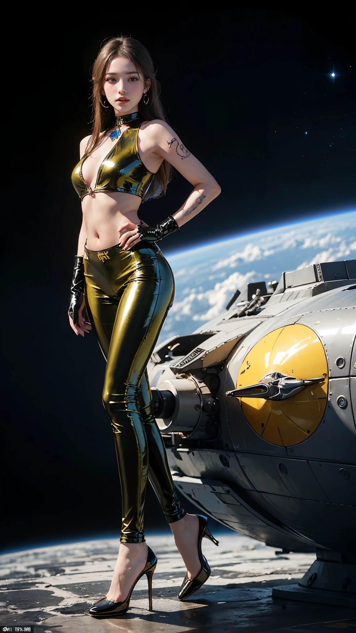 ((masterpiece:1.4)、(highest quality:1.4)、(Realistic:1.7))、Masterpiece:1.4、(Top-notch rendering:1.4)、(Yuki, the beautiful navigator of the Space Battleship Hikari:1.4)、Super Beauty航海士Yuki、(By Luis Royo:1.4)、(A uniform that accentuates your beautiful figure:1.2)、(Futuristic sci-fi battle fashion:1.2)、(Street Style Wear)、(Tight Fit Pants)、(Shiny luxury latex:1.4)、(Luxury yellow latex:1.4)、19 years old、(Cute Tattoos:1.4)、(Wearing yellow gloves)、Cute Girl、Super Beauty、(Seductive pose)、Sharp Focus、Portrait Photography:1.4、8k、Photorealistic images:1.4、(Perfect female body:1.4)、Perfect proportions、(Standing:1.4)、(Full body photography:1.4)、Beautiful Face、Fearless look、Beautiful Eyes、(A girl with a beautiful body and slender abdominal muscles)、(Narrow waist:1.4)、(9-body proportions beautiful girl:1.4)、(A beautiful girl with long legs and a good figure:1.4)、Beautiful feet:1.2、(Long Hair:1.2)、Heavy makeup、Eyeshadow、Glow Eye、Glow Lip、Beautiful breasts、Large Breasts:1.2、sexy ass、(Standing facing forward:1.4)、Raw photo、Red lips、Yellow high heels:1.4、choker:1.4、necklace:1.4、Earrings:1.4、1 Screen Display:1.4、Space Battleship Hikari's bridge:1.2