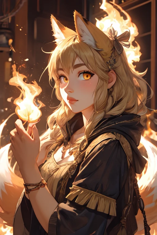 Create an image of a humanoid female fox with golden and white fur. She has golden eyes and five tails with flaming tips.