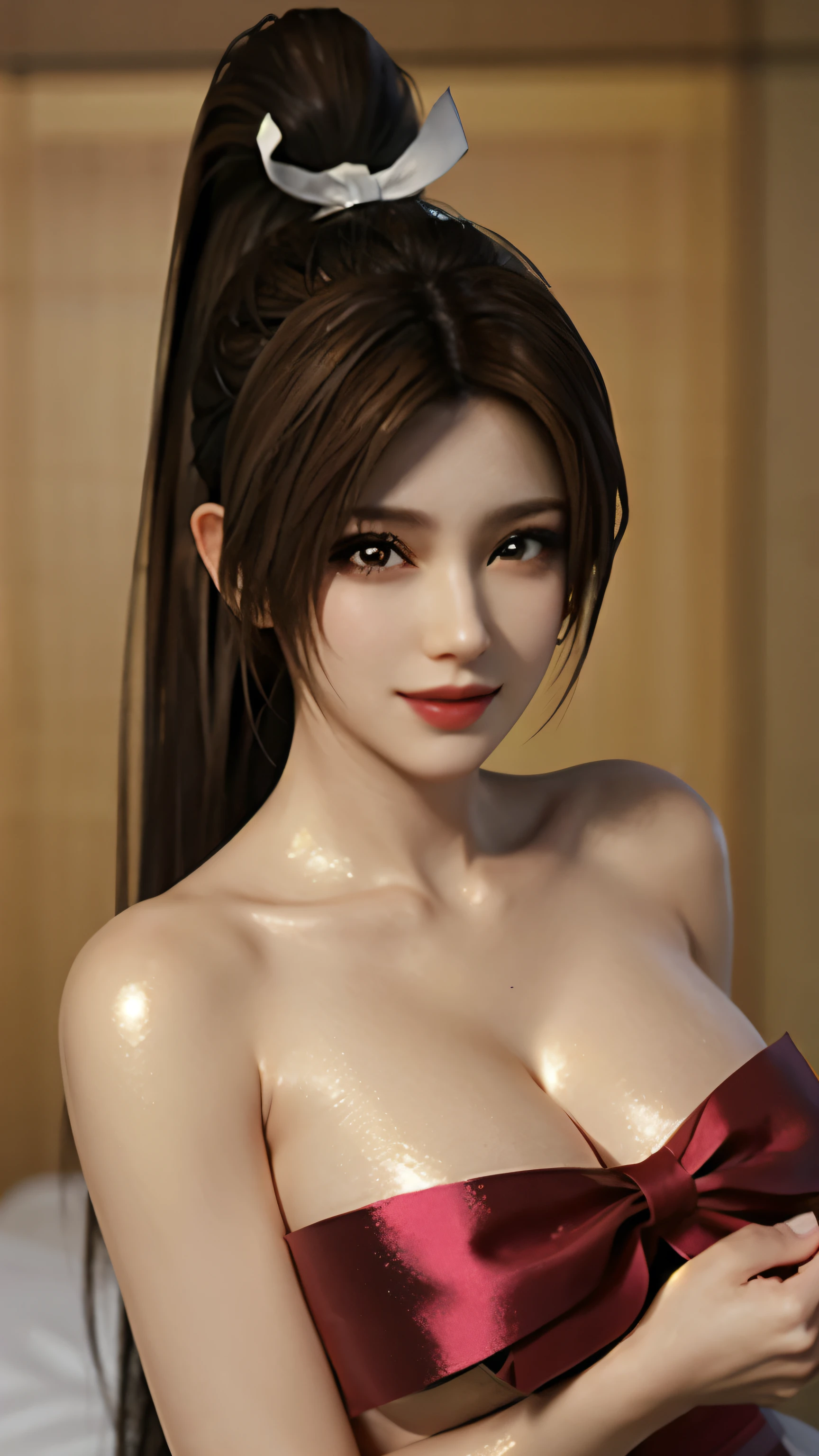 1girl, shiranui mai, brown hair, brown eyes, solo, naked ribbon, gift, ponytail, looking at viewer, ribbon, box, holding, cleavage, gift box, lips, collarbone, parted lips, hand on own chest, smile, bare shoulders, long hair, revealing clothes, huge breasts,shiny,(mature female:1.2),