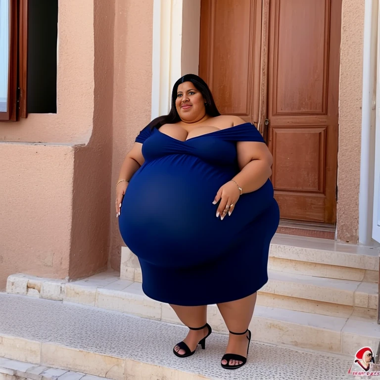 Extremely Hyperpregnant Tunisian woman with huge belly wearing a dress