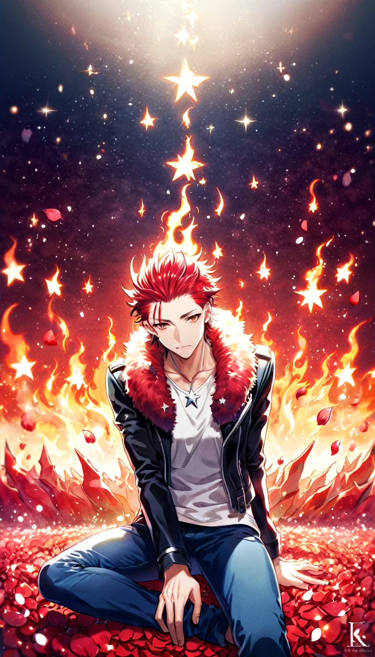 (absurdres, highres, ultra detailed, HDR) master piece, best quality, delicated features, Suoh Mikoto, red hair, hair is kept short, ruffled, slicked back and spiked, with two strands of hair near the opposite sides of his head falling over his face, expressive amber eyes, K Project, solo, sexy man, handsome, toned, black leather jacket with a fur collar, a white V-neck shirt underneath, silver star-shaped necklace, sitting, blue jeans, magical fantasy, red butterflies, glittering, sparkling, petals, radiant, flames background, red fireflies