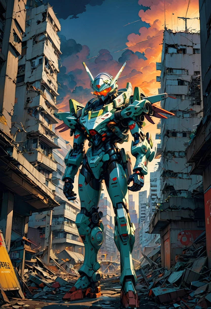 90s Cartoon art style, Evangelion, In the twilight of the Third New Tokyo City, the first aircraft stands amidst the ruins of the city, preparing to face the next apostolic invasion, surrounded by emergency evacuees and flashing warning lights, best quality, masterpiece, very aesthetic, perfect composition, intricate details, ultra-detailed