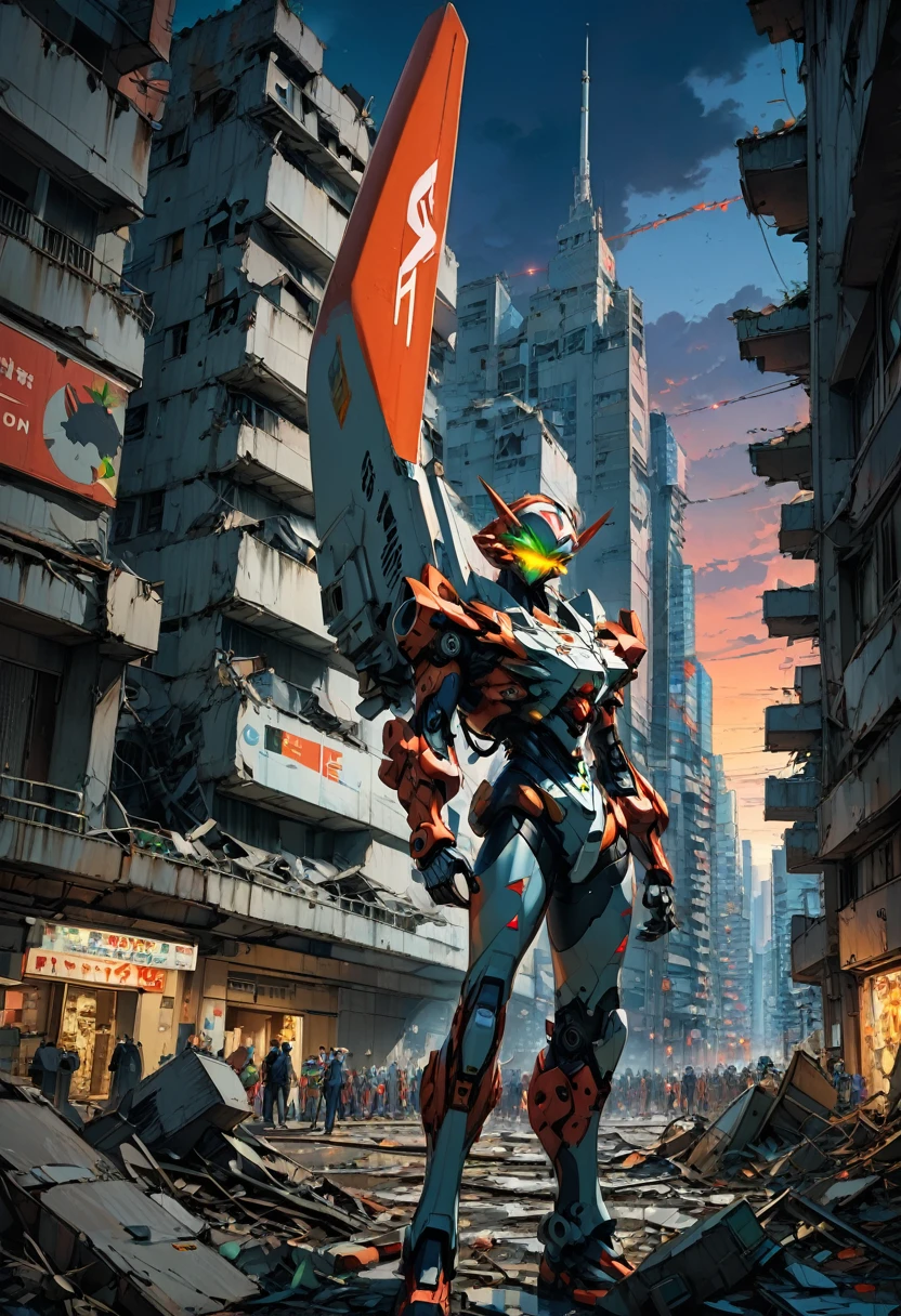 90s Cartoon art style, Evangelion, In the twilight of the Third New Tokyo City, the first aircraft stands amidst the ruins of the city, preparing to face the next apostolic invasion, surrounded by emergency evacuees and flashing warning lights, best quality, masterpiece, very aesthetic, perfect composition, intricate details, ultra-detailed