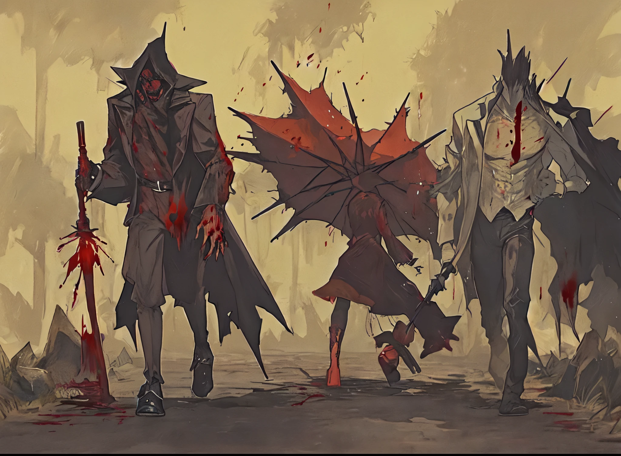 the left character walks with wide strides, holding an umbrella with a shiny spike at the end, dripping blood. 2 after him trail behind him, go from left to right 