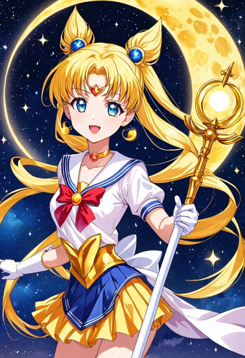 Sailor Moon, The moment when the Moon Hare transforms into a sailor and the Moon, with a dazzling starry sky and new moon in the background, she holds the scepter of the Moon, emitting a righteous light, ready to fight against evil forces