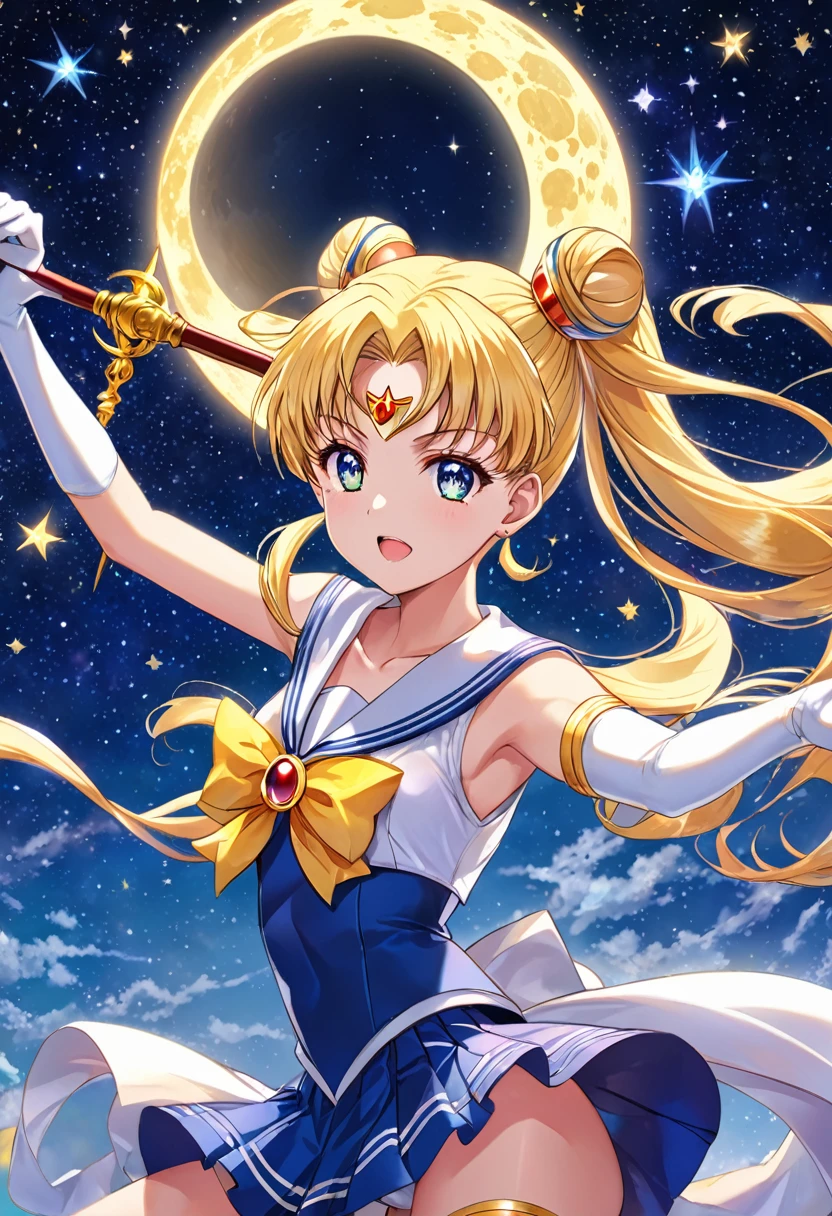 Sailor Moon, The moment when the Moon Hare transforms into a sailor and the Moon, with a dazzling starry sky and new moon in the background, she holds the scepter of the Moon, emitting a righteous light, ready to fight against evil forces