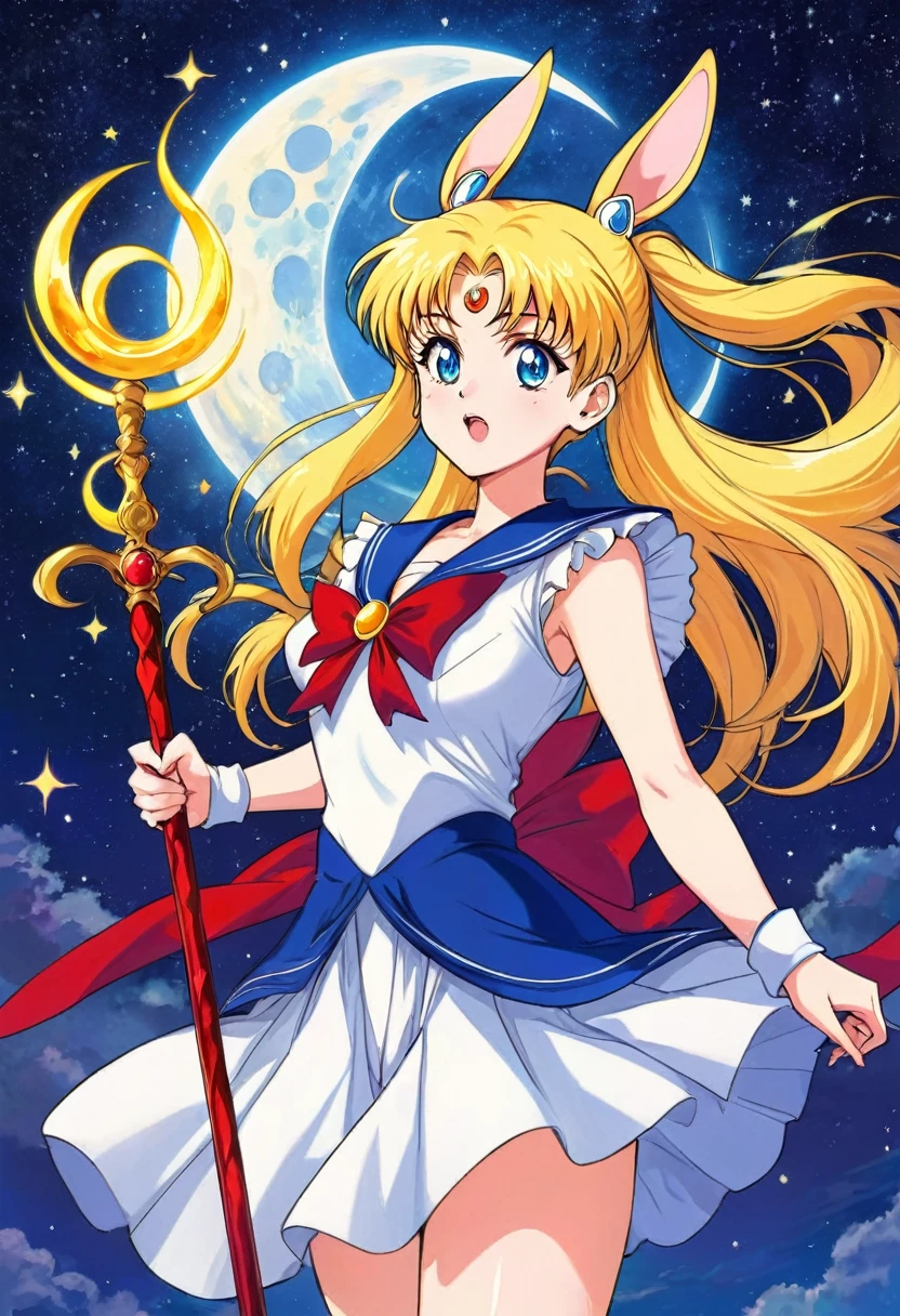 Sailor Moon, The moment when the Moon Hare transforms into a sailor and the Moon, with a dazzling starry sky and new moon in the background, she holds the scepter of the Moon, emitting a righteous light, ready to fight against evil forces