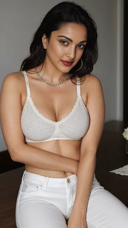 night scene, extreme close up photo of naked kiara from top view, hourglass figure, swooping breasts, deep cleavage, curvy, armpits, seductive eyes, look at viewer and subtle smile, lying on table with wide open spread legs in pantry, necklace, white t-shirt, jeans, red lips, sultry, ponytail, (cinematic:1.3), intricate details, (ArtStation:1.2)