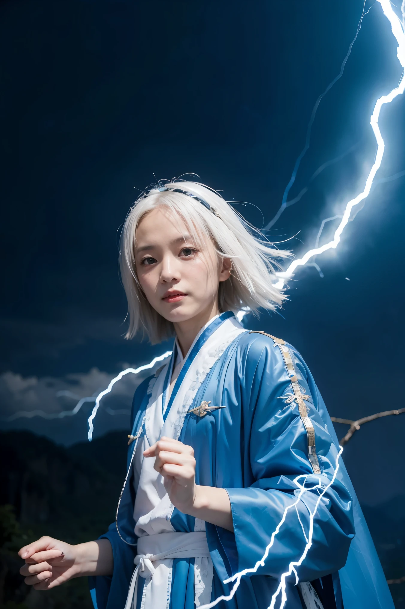 White-haired middle-aged woman with lightning bolts in his hands, blue Daoist robes, strong