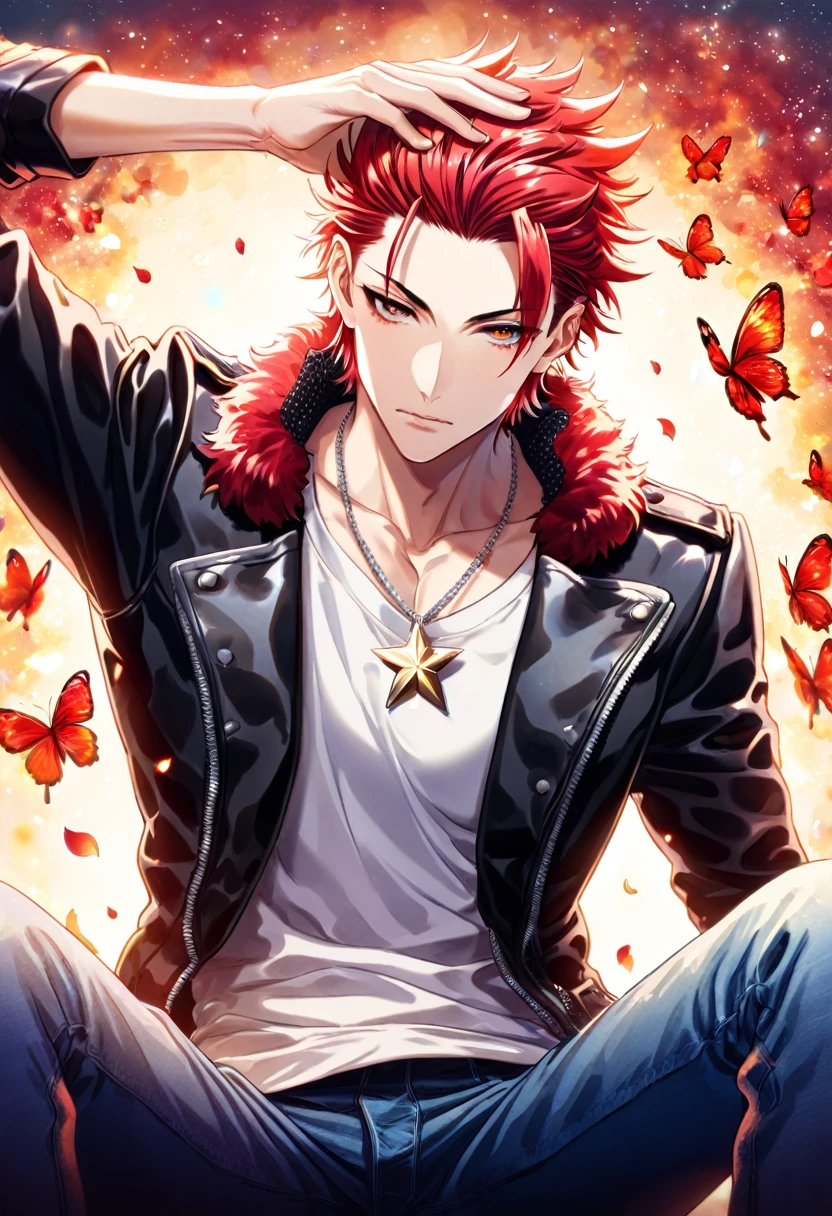 (absurdres, highres, ultra detailed, HDR) master piece, best quality, delicated features, Suoh Mikoto, red hair, hair is kept short, ruffled, slicked back and spiked, with two strands of hair near the opposite sides of his head falling over his face, expressive amber eyes, K Project, solo, sexy man, handsome, toned, black leather jacket with a fur collar, a white V-neck shirt underneath, silver star-shaped necklace, sitting, blue jeans, magical fantasy, red butterflies, glittering, sparkling, petals, radiant, flames background, red fireflies