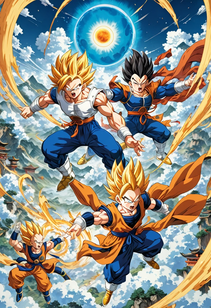90s Cartoon art style, Dragon Ball, Sun Wukong and Vegeta engage in a fierce aerial battle on the vast wilderness, where Qi Gong waves collide with each other, triggering huge energy fluctuations that color the heavens and the earth, best quality, masterpiece, very aesthetic, perfect composition, intricate details, ultra-detailed
