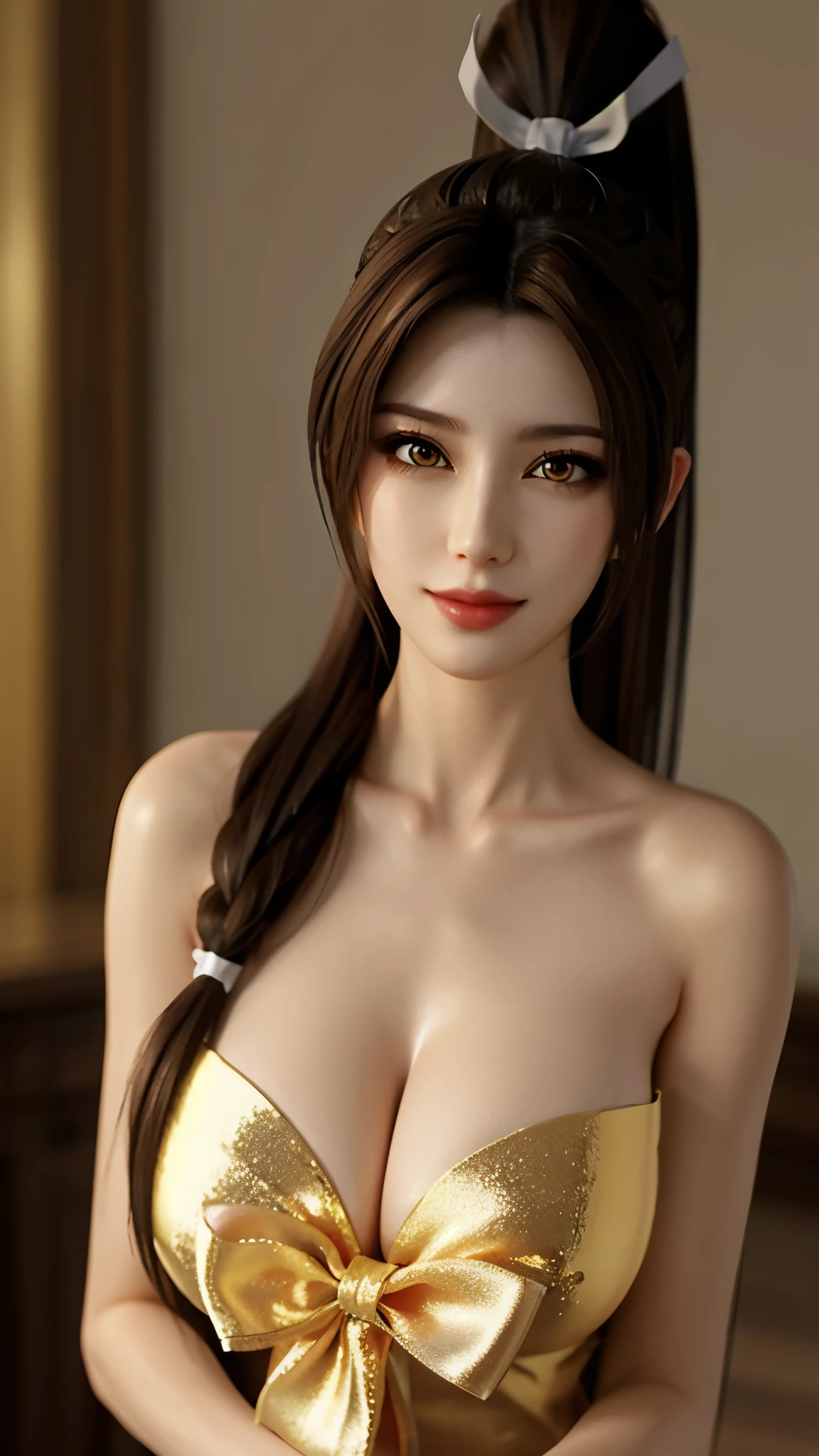 1girl, shiranui mai, brown hair, brown eyes, solo, naked ribbon, gift, ponytail, looking at viewer, ribbon, box, holding, cleavage, gift box, lips, collarbone, parted lips, hand on own chest, smile, bare shoulders, long hair, revealing clothes, huge breasts,shiny,(mature female:1.2),