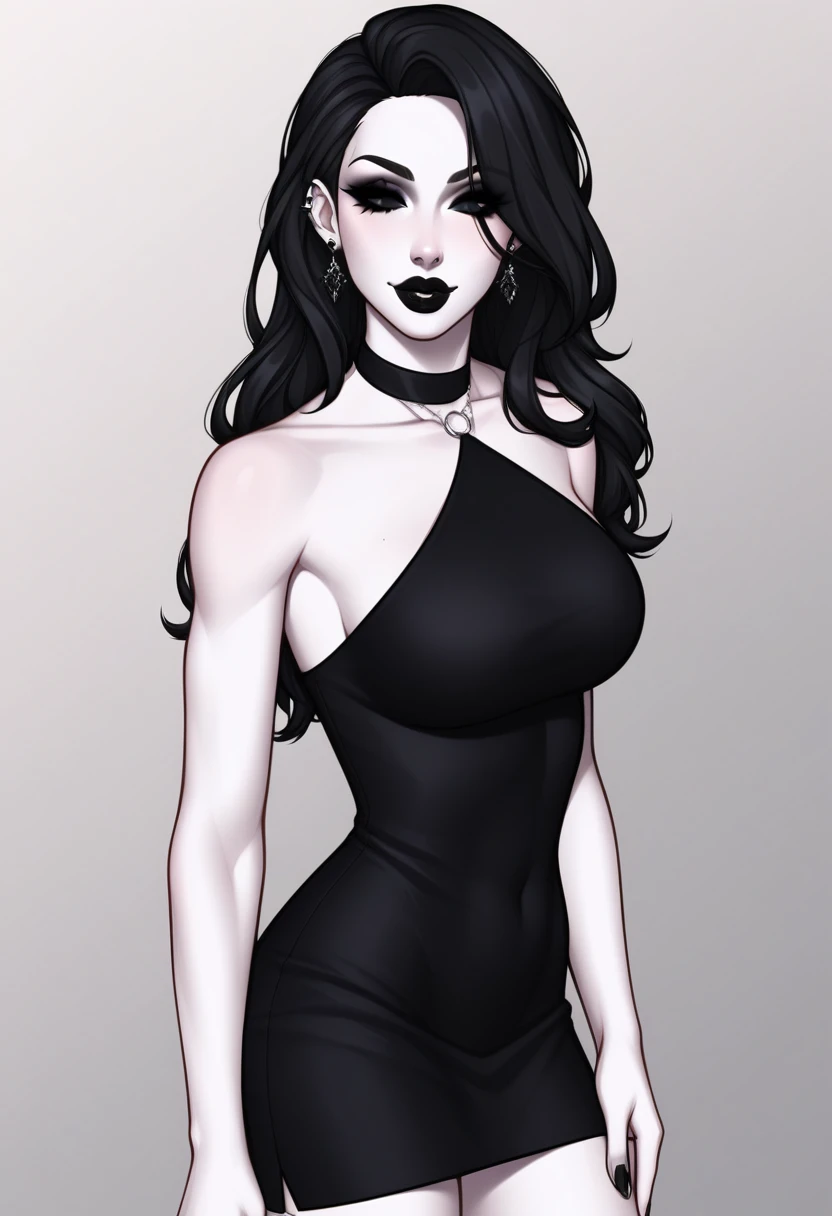 1girl, black hair, black lipstick, black eyes, black dress, pale white skin