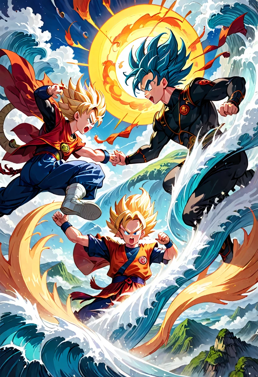 90s Cartoon art style, Dragon Ball, Sun Wukong and Vegeta engage in a fierce aerial battle on the vast wilderness, where Qi Gong waves collide with each other, triggering huge energy fluctuations that color the heavens and the earth, best quality, masterpiece, very aesthetic, perfect composition, intricate details, ultra-detailed
