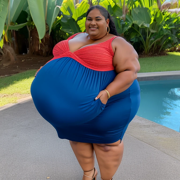 Extremely Hyperpregnant Tuvaluan woman with huge belly wearing a dress