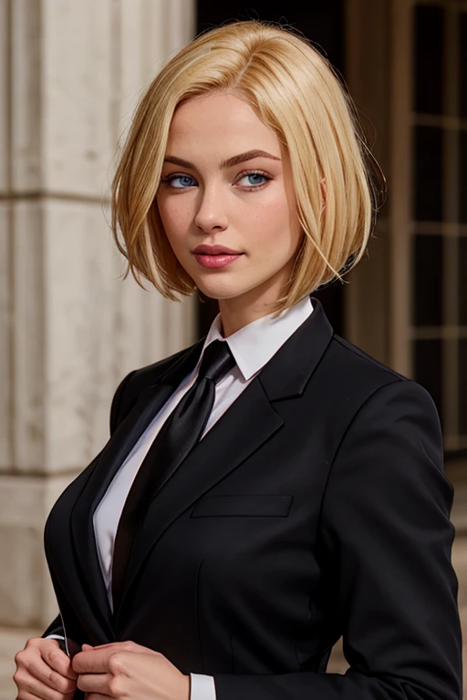 masterpiece, high quality, best quality, realistic, fine detail, formal black suit, black necktie, MIBSuit, white shirt, Black Suit, Black Jacket Coat, Formal Look, large breasts, (muscular female:0.8), portrait, upper body, blank background, Agent L, blue eyes, blonde hair, short hair, bob hair, black suit, black jacket, stealing a LAPD Police Uniform from an officer and left her unconscious