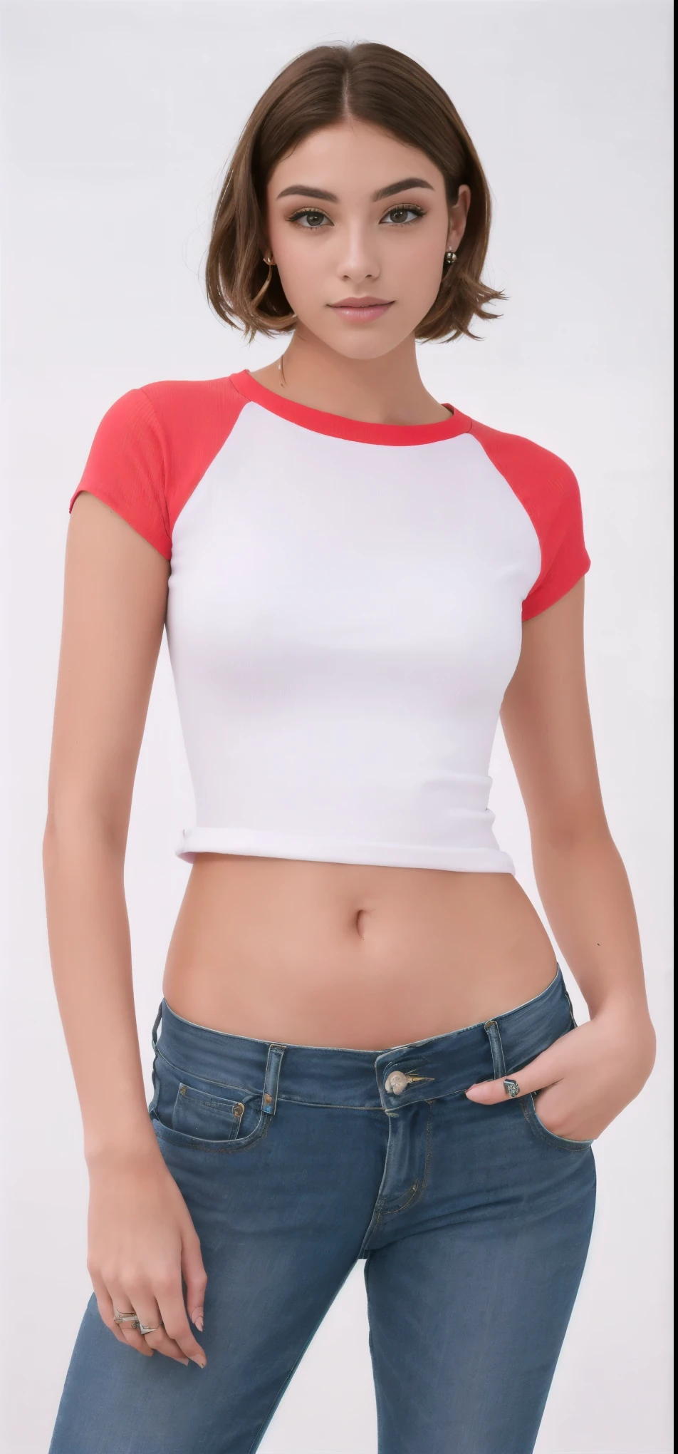 a woman in a white and red t-shirt is posing for a photo, camiseta branca com mangas vermelhas, corte superior, corte superior, vestindo um top cortados, vestindo um top cortado, com camiseta, wearing corte superior, branco vermelho, usando um top cropped sexy, wearing a corte superior, vermelho e branco, vermelho e branco neon